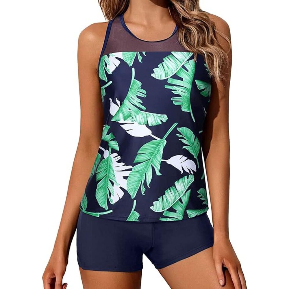 Yonique Tankini Shorts Athletic 2pc Racerback Tank Tops Swimwear SZ S Summer:NWT